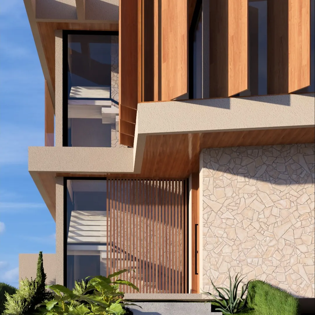 Casa 208: entrada com porta pivotante, ripado e pedra